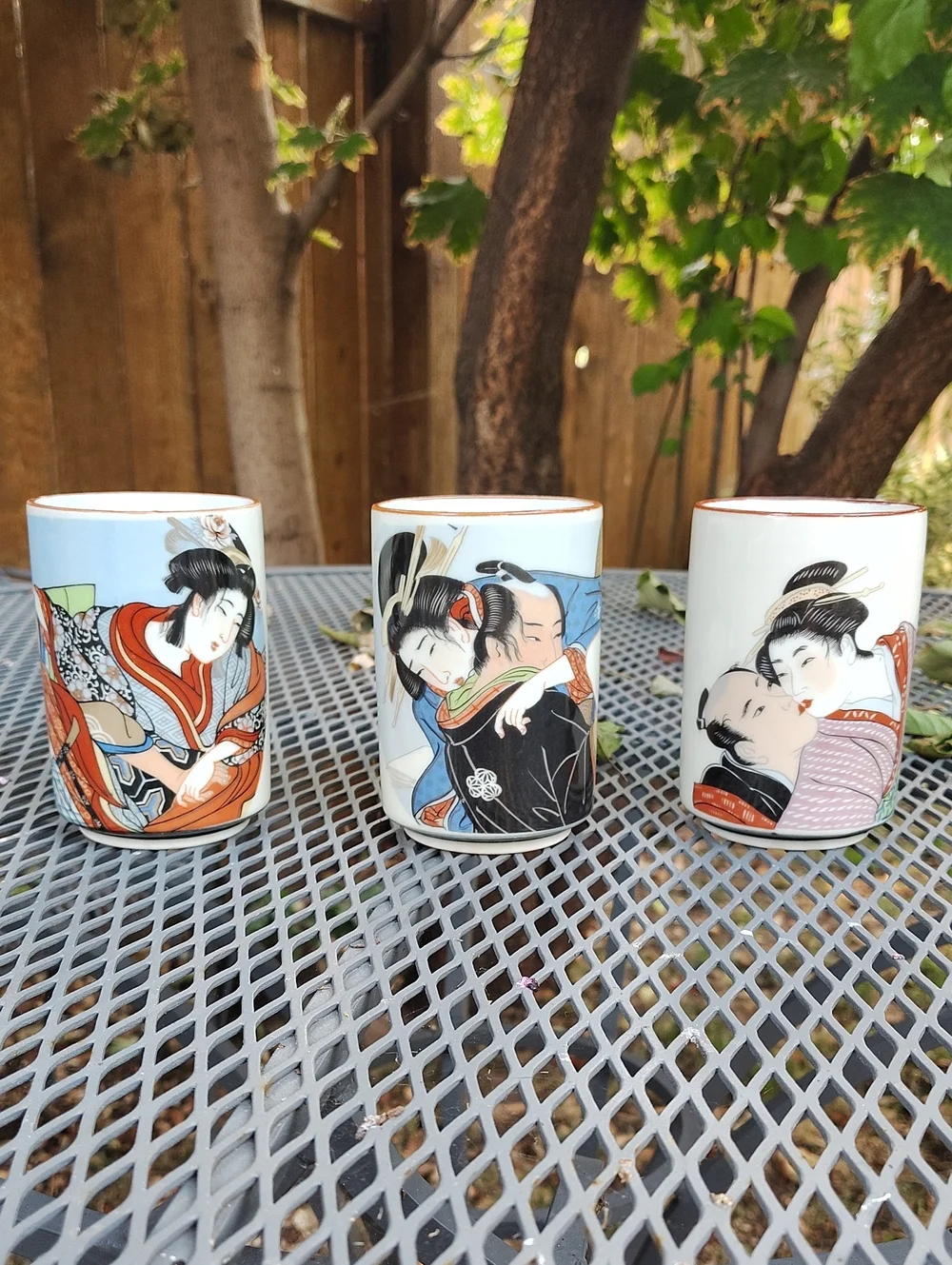 Vintage Porcelain Ukiyo-e Style Sake Mug Cups - Set of 3